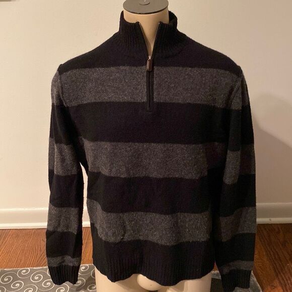 J CREW Men’s LAMBS WOOL LONG SLEEVE SWEATER Large BLACK GRAY STRIPED - Picture 1 of 5